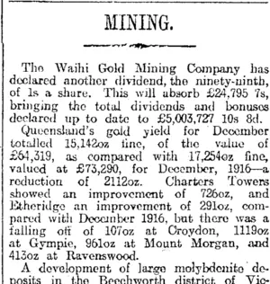 MINING. (Otago Daily Times 5-2-1918)