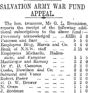 SALVATION ARMY WAR FUND APPEAL. (Otago Daily Times 5-2-1918)
