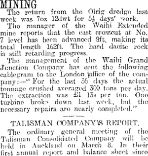 MINING. (Otago Daily Times 26-2-1918)