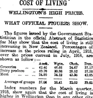 COST OF LIVING (Otago Daily Times 15-6-1918)