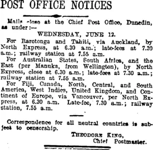 POST OFFICE NOTICES (Otago Daily Times 11-6-1918)