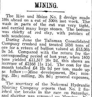 MINING. (Otago Daily Times 18-7-1918)