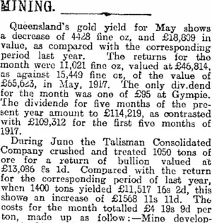 MINING. (Otago Daily Times 13-7-1918)
