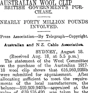 AUSTRALIAN WOOL CLIP (Otago Daily Times 19-8-1918)