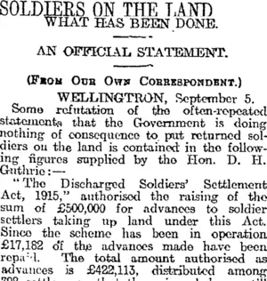SOLDIERS ON THE LAND (Otago Daily Times 6-9-1918)