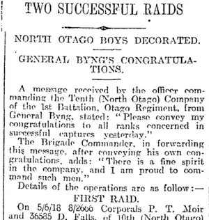 TWO SUCCESSFUL RAIDS (Otago Daily Times 27-9-1918)