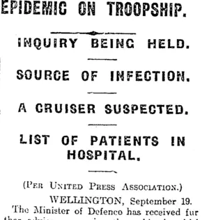 EPIDEMIC ON TROOPSHIP. (Otago Daily Times 20-9-1918)
