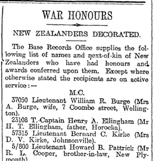 WAR HONOURS (Otago Daily Times 27-11-1918)