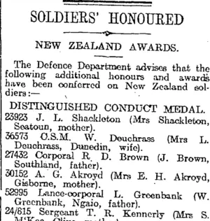 SOLDIERS' HONOURED (Otago Daily Times 18-12-1918)