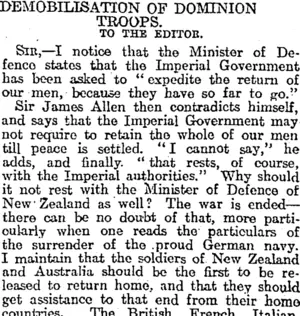 DEMOBILISATION OF DOMINION TROOPS. (Otago Daily Times 18-1-1919)