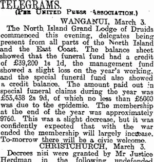 TELEGRAMS. (Otago Daily Times 4-3-1919)