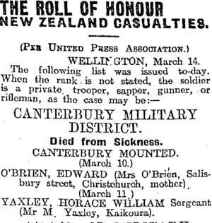 THE ROLL OF HONOUR (Otago Daily Times 15-3-1919)