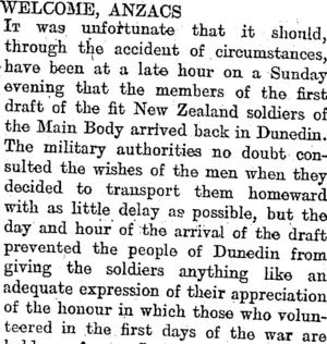 WELCOME, ANZACS. (Otago Daily Times 17-3-1919)