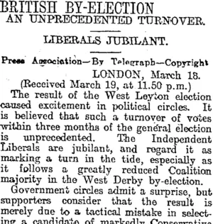 BRITISH BY-ELECTION (Otago Daily Times 20-3-1919)
