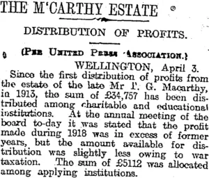 THE M'CARTHY ESTATE (Otago Daily Times 4-4-1919)