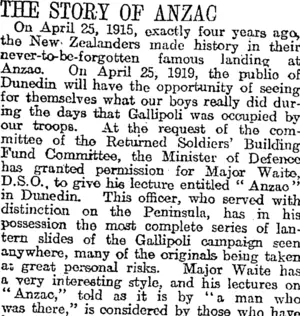 THE STOUT OF ANZAG (Otago Daily Times 19-4-1919)