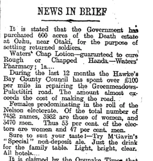 NEWS IN BRIEF (Otago Daily Times 10-4-1919)