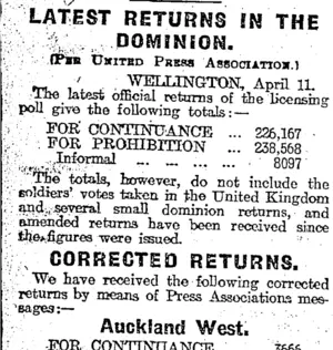LATEST RETURNS IN THE DOMINION. (Otago Daily Times 12-4-1919)
