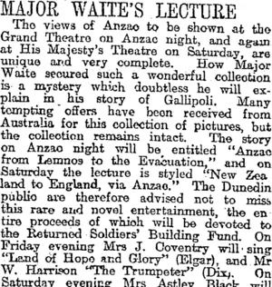 MAJOR WAITE'S LECTURE (Otago Daily Times 24-4-1919)