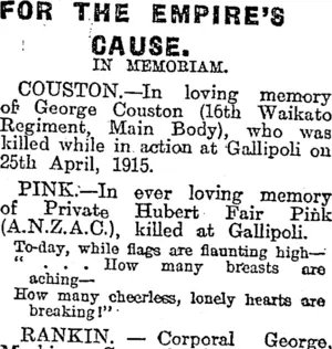 FOR THE EMPIRE'S CAUSE. (Otago Daily Times 25-4-1919)