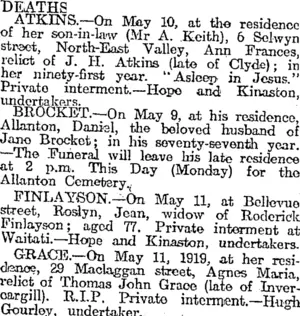 DEATHS. (Otago Daily Times 12-5-1919)