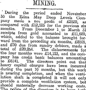 MINING. (Otago Daily Times 28-5-1919)