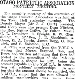 OTAGO PATRIOTIC ASSOCIATION (Otago Daily Times 20-5-1919)