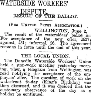WATERSIDE WORKERS' DISPUTE. (Otago Daily Times 3-6-1919)