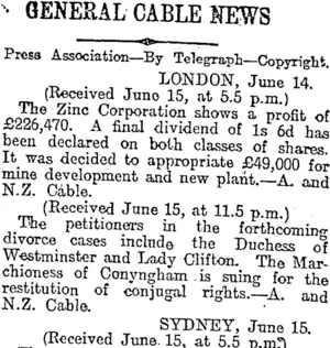 GENERAL CABLE NEWS (Otago Daily Times 16-6-1919)