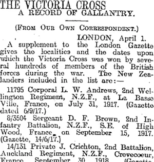 THE VICTORIA CROSS (Otago Daily Times 10-6-1919)
