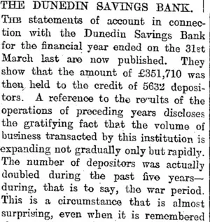 THE DUNEDIN SAVINGS BANK. (Otago Daily Times 28-6-1919)