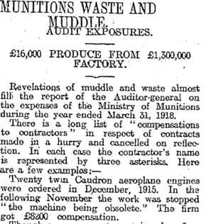 MUNITIONS WASTE AND MUDDLE. (Otago Daily Times 1-7-1919)