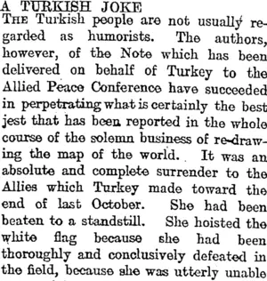 A TURKISH JOKE. (Otago Daily Times 3-7-1919)