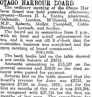 OTAGO HARBOUR BOARD. (Otago Daily Times 26-7-1919)