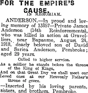 FOR THE EMPIRE'S CAUSE. (Otago Daily Times 25-8-1919)