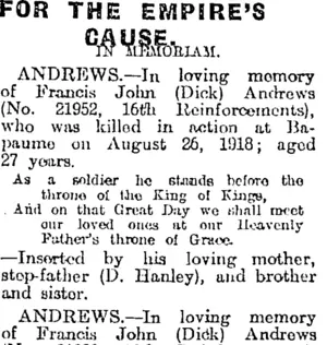 FOR THE EMPIRE'S CAUSE. (Otago Daily Times 26-8-1919)