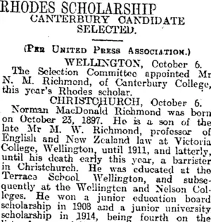 RHODES SCHOLARSHIP (Otago Daily Times 7-10-1919)