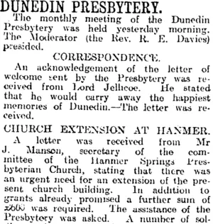DUNEDIN PRESBYTERY. (Otago Daily Times 8-10-1919)