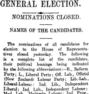 GENERAL ELECTION. (Otago Daily Times 9-12-1919)