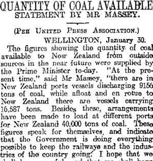 QUANTITY OF COAL AVAILABLE (Otago Daily Times 31-1-1920)