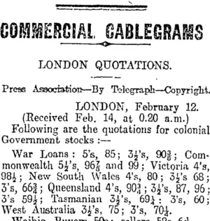 COMMERCIAL CABLEGRAMS (Otago Daily Times 14-2-1920)
