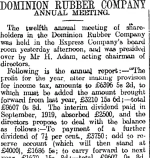 DOMINION RUBBER COMPANY (Otago Daily Times 27-3-1920)