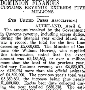 DOMINION FINANCES (Otago Daily Times 7-4-1920)