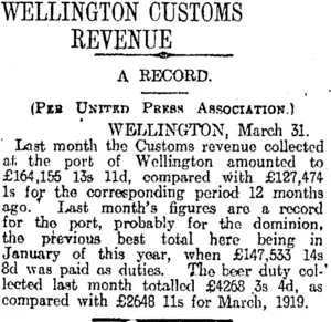 WELLINGTON CUSTOMS REVENUE (Otago Daily Times 1-4-1920)