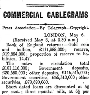 COMMERCIAL CABLEGRAMS (Otago Daily Times 8-5-1920)