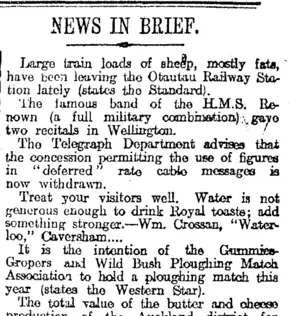 NEWS IN BRIEF. (Otago Daily Times 14-5-1920)
