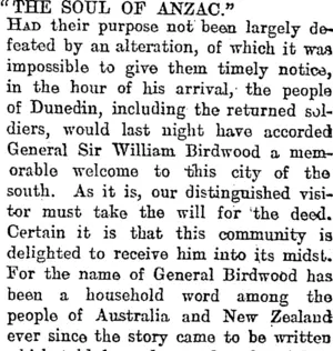"THE SOUL OF ANZAC." (Otago Daily Times 12-6-1920)