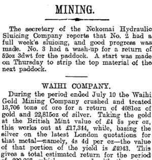 MINING. (Otago Daily Times 28-7-1920)