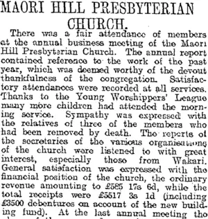 MAORI HILL PRESBYTERIAN CHURCH. (Otago Daily Times 24-8-1920)