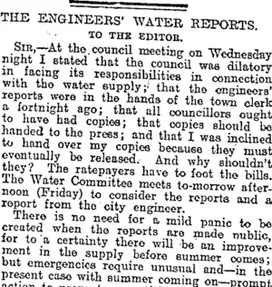 THE ENGINEERS' WATER REPORTS. (Otago Daily Times 3-9-1920)